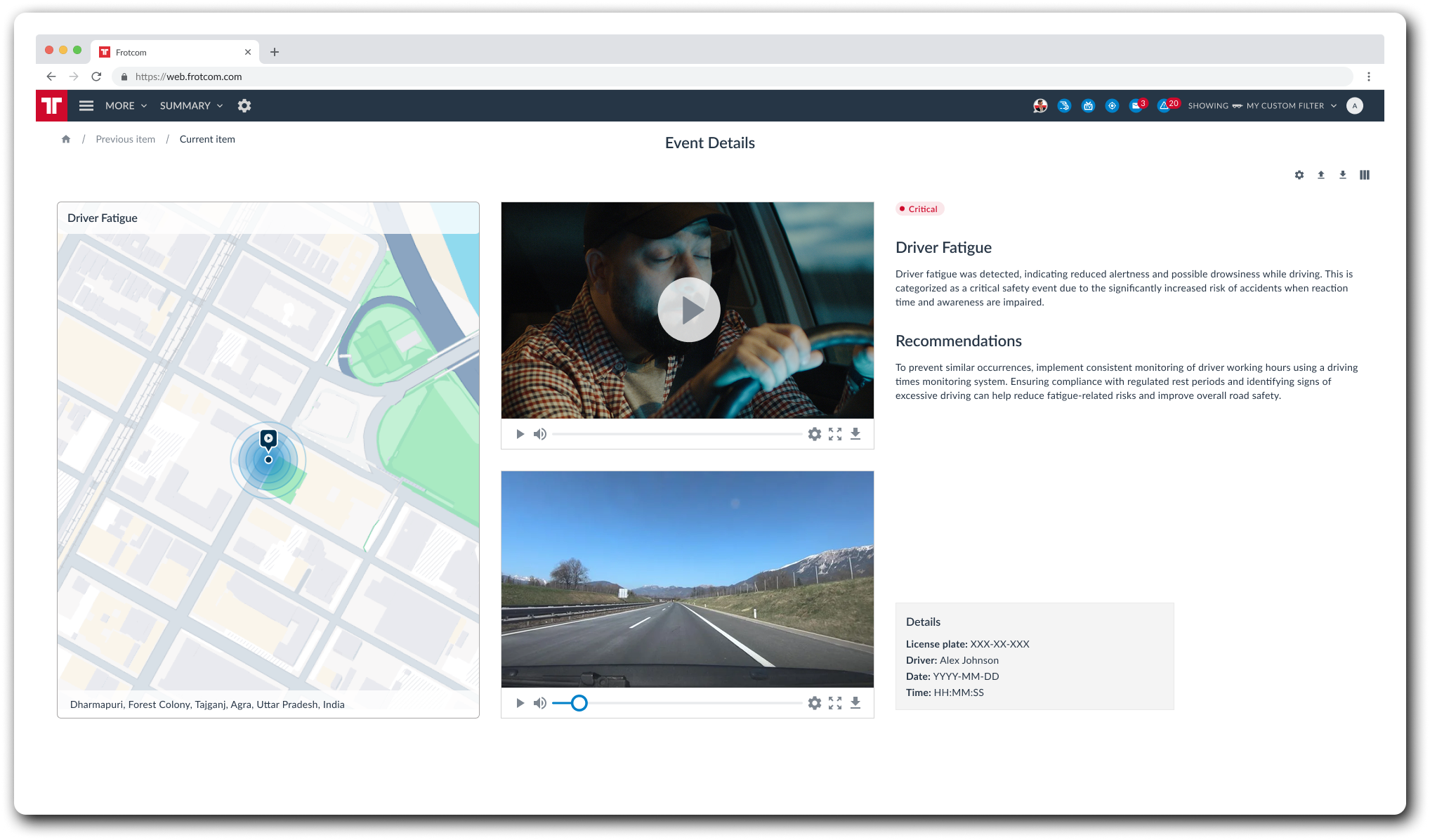 Fleet management software UK — Frotcom AI dashcam with driver fatigue detection and GPS tracking